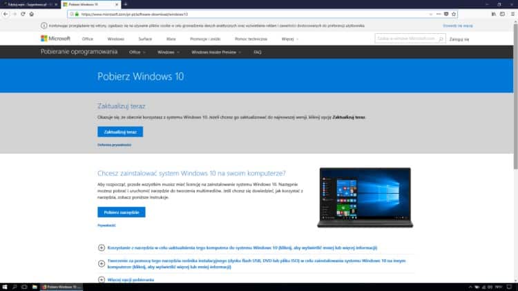 Pobranie oryginalnego instalatora - Microsoft Windows 10