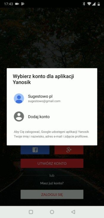 Konto google do zalogowania w Yanosik