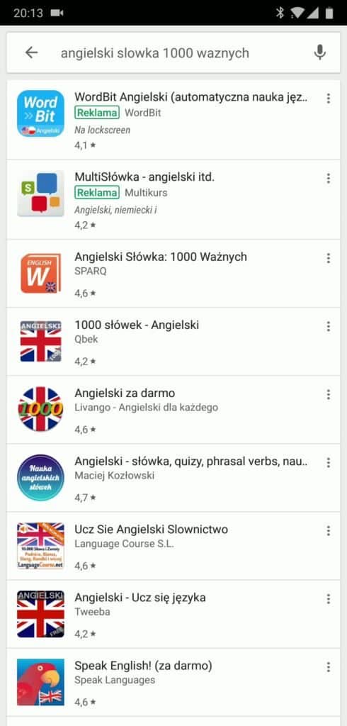 Screen_Angielski_Slowka_1000_waznych_Google_Play_wyszukiwanie
