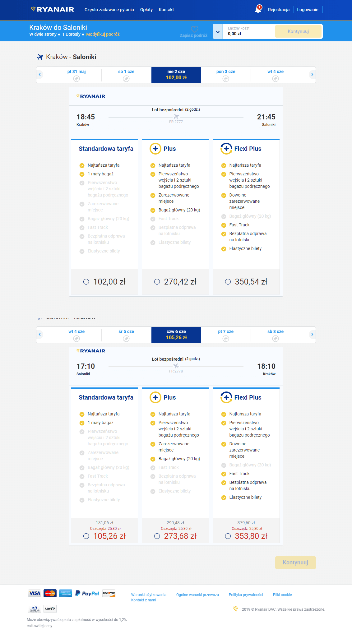 Ryanair dokonywanie rezerwacji - sprawdzenie cen Kraków Saloniki