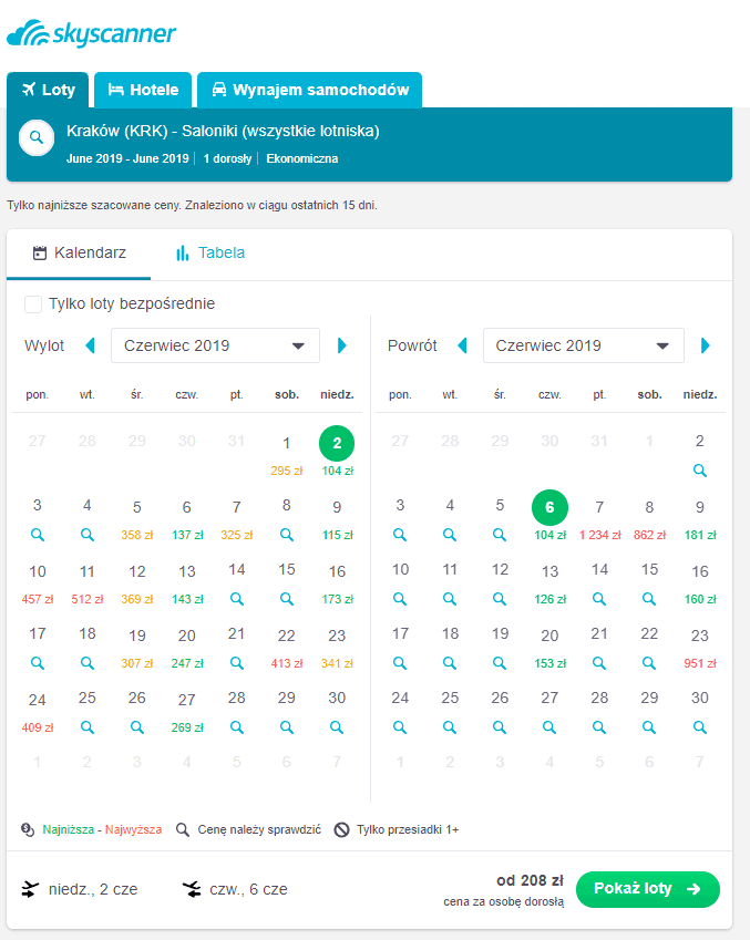 Skyscanner - kalendarz z cenami podróży